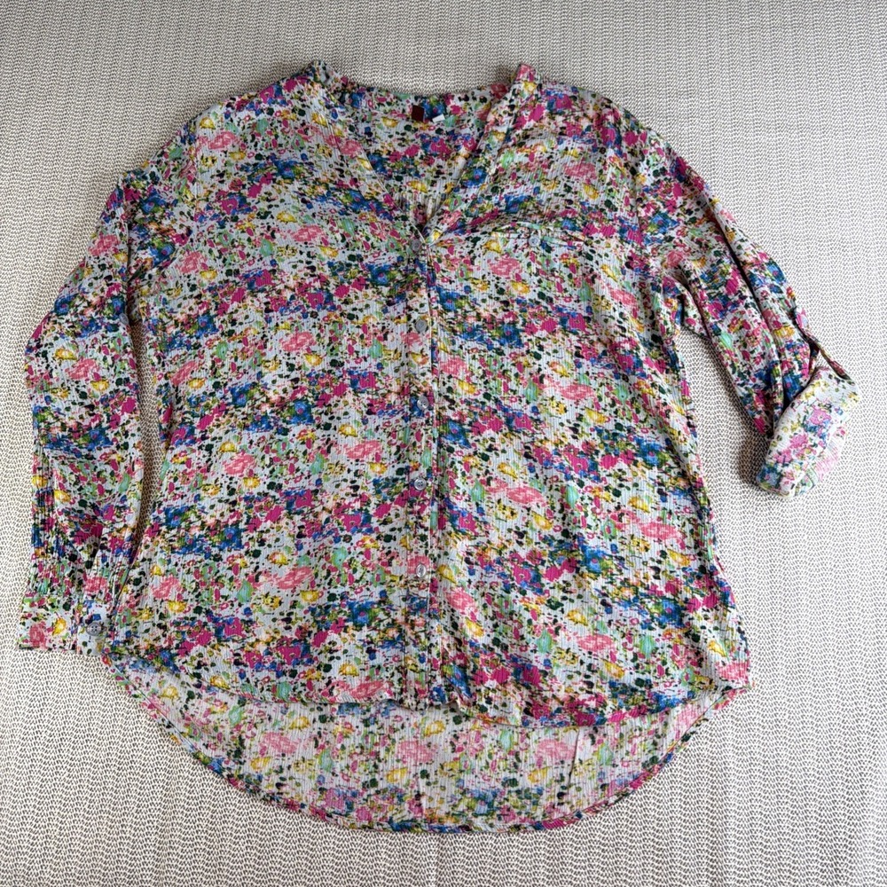Kut From The Kloth Floral Blouse Women Medium Rayon High Low Roll Tab Top